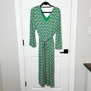 Boden US 12R/UK 16R Long Sleeve Knit Green Pink Floral Midi Dress Waist Tie